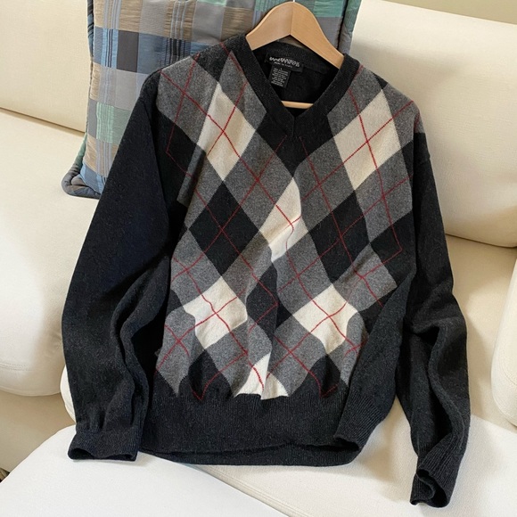 HATHAWAY PLATINUM MEN’S 100% CASHMERE PULLOVER SWEATER ARGYLE V-NECK SIZE L - Picture 5 of 16